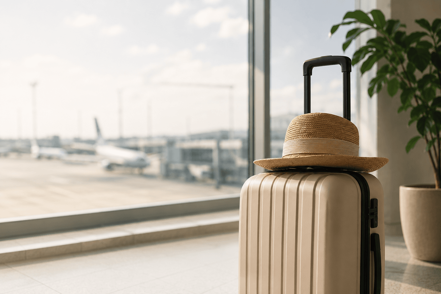 Suitcase by an airport window